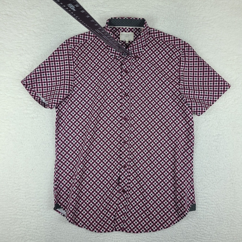 ConStruct Shirt Mens Medium Black Purple Slim Fit 4 Way Stretch Hawaiian Preppy
